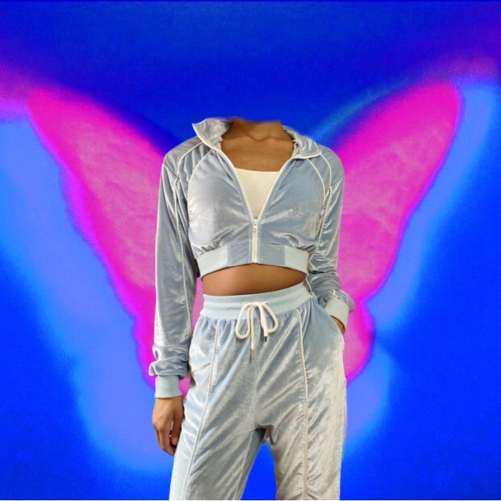 Icy blue crop jacket velour track suit from Fashion Nova